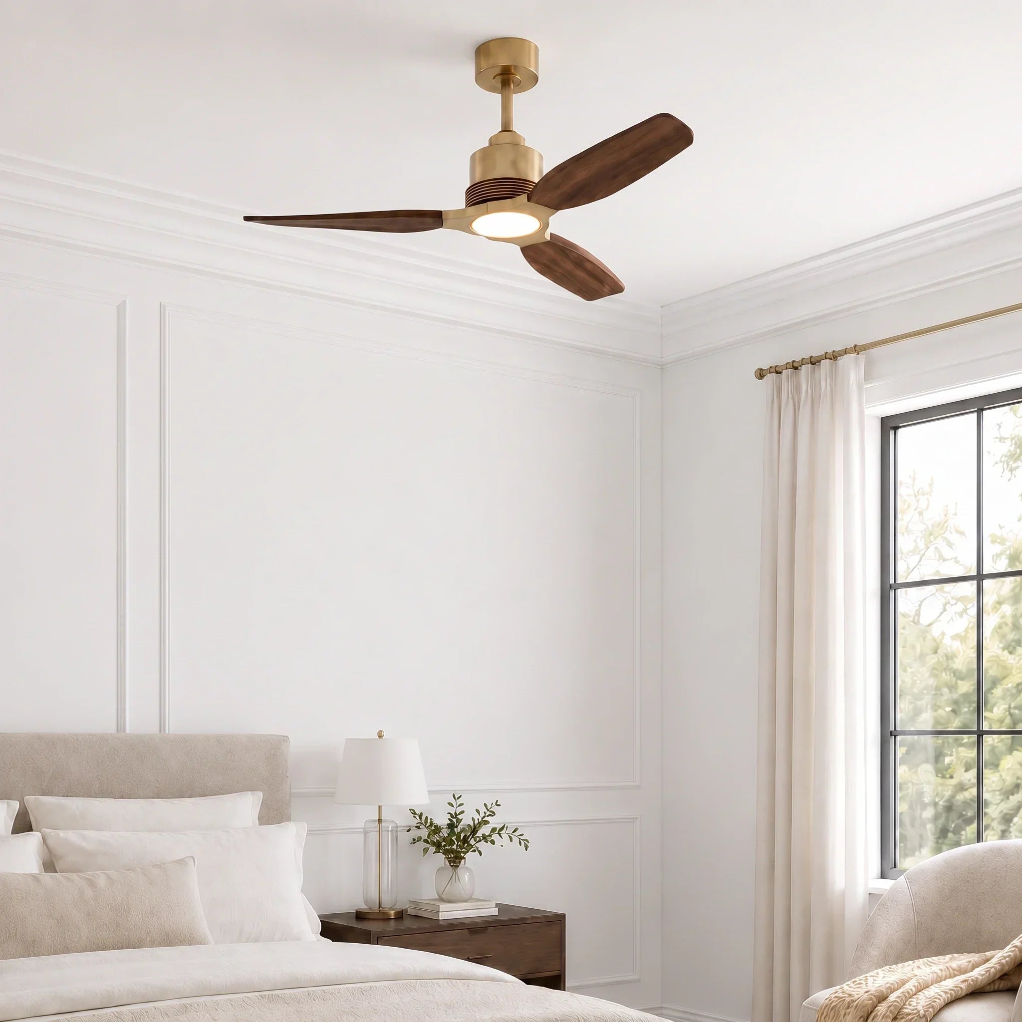 Louise Soft Brass Ceiling Fan Ø142 cm with LED Light and 100% Solid Wood Blades