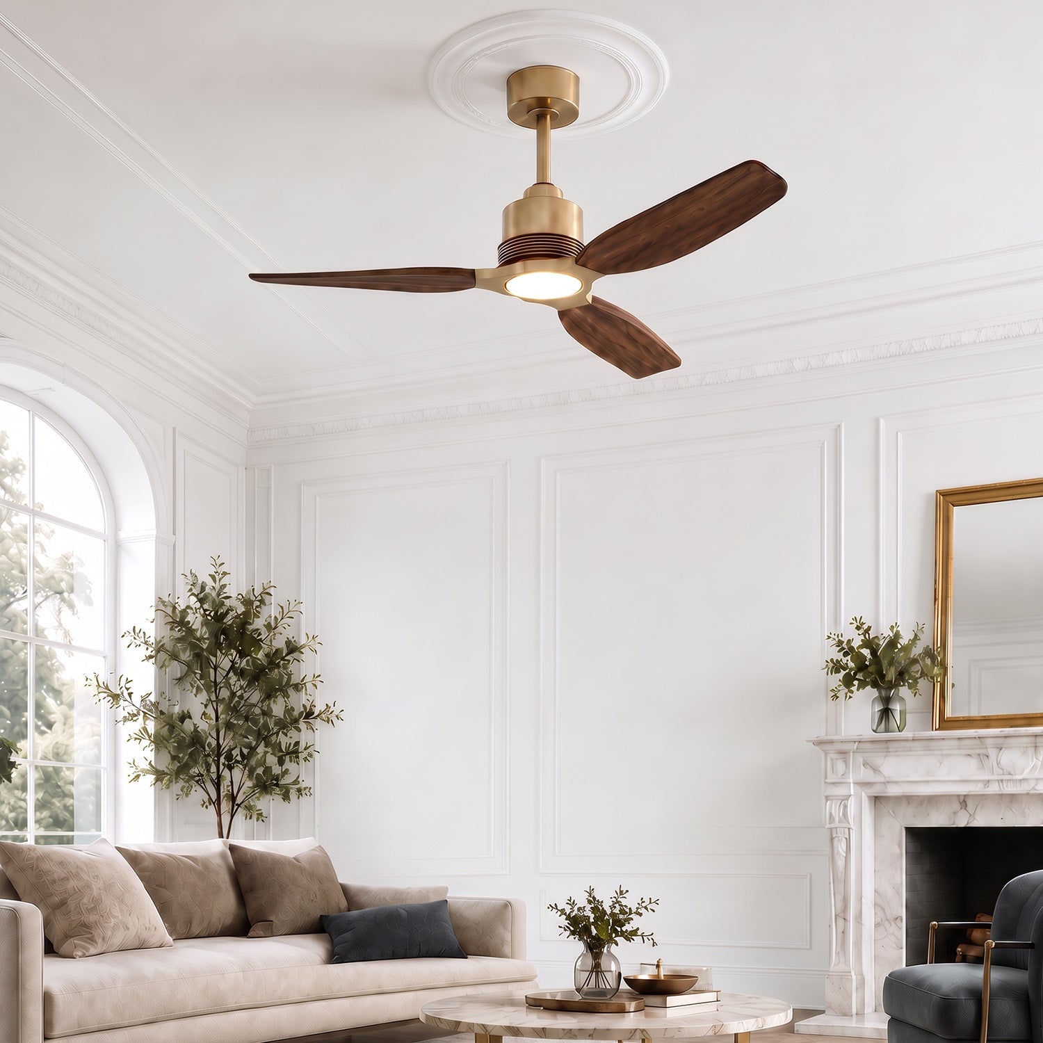 Louise Soft Brass Ceiling Fan Ø142 cm with LED Light and 100% Solid Wood Blades