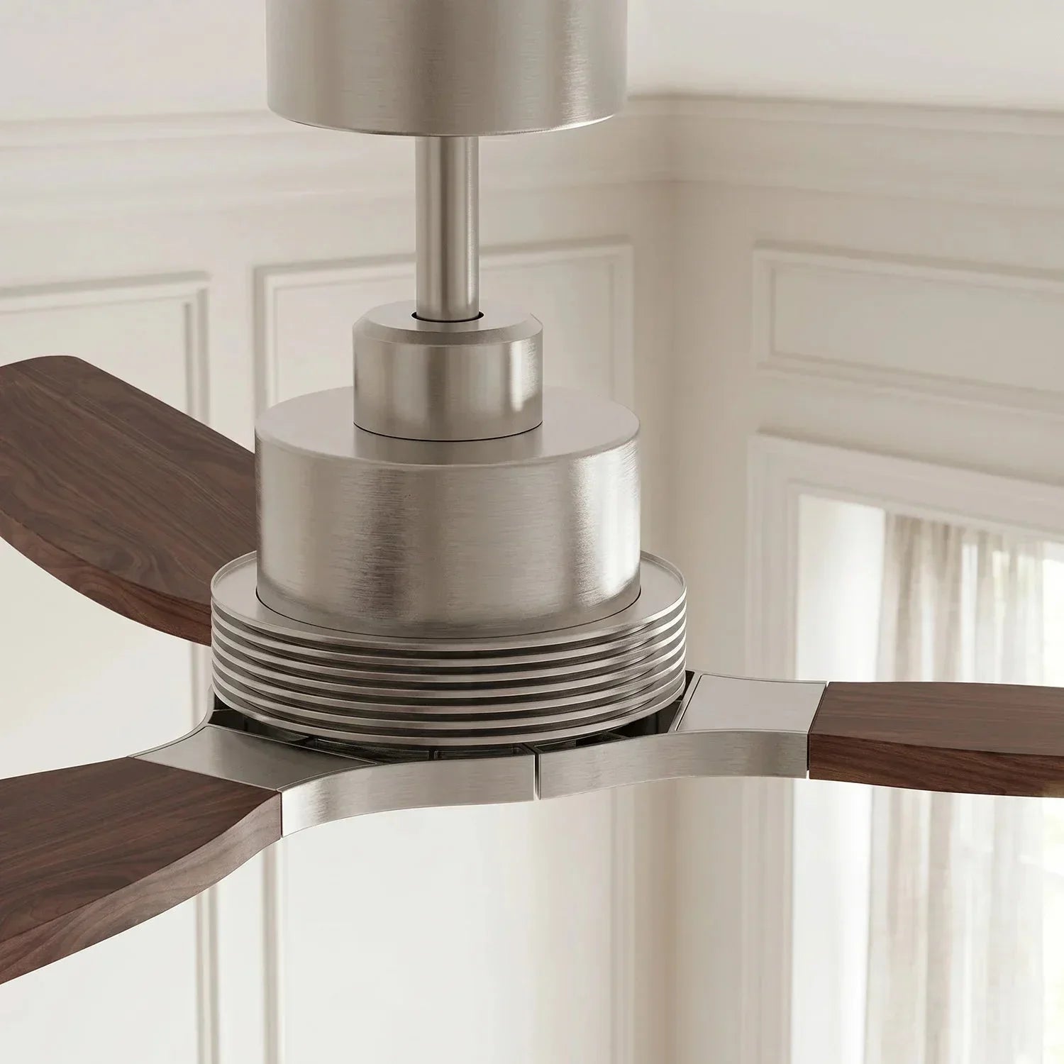 Louise Brushed Nickel/Dark Walnut Ceiling Fan Ø142 cm with 100% Solid Wood Blades
