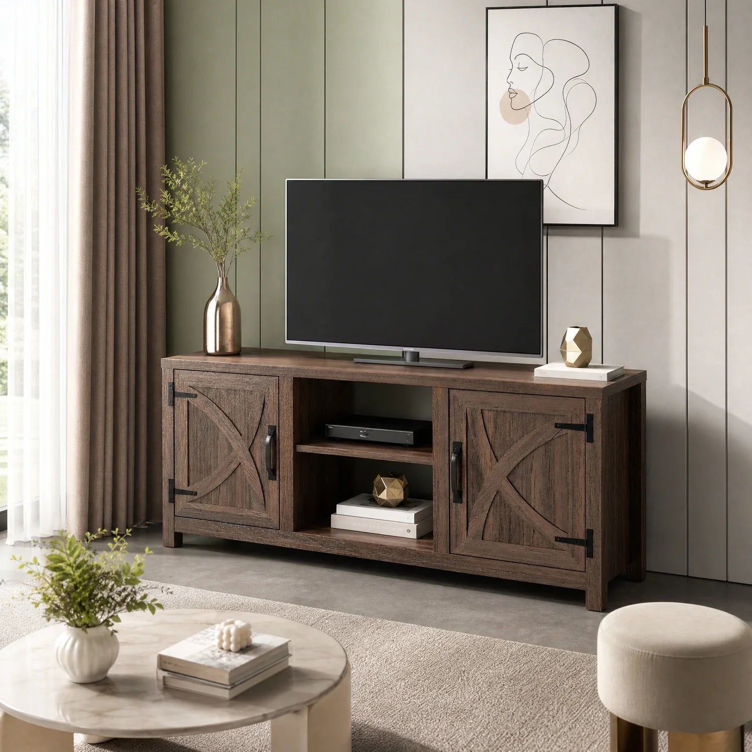 147cm/58" Brown TV Stand with Closed Storage, Storage Cabinet with Adjustable Shelves, Fits Up to 65" TVs