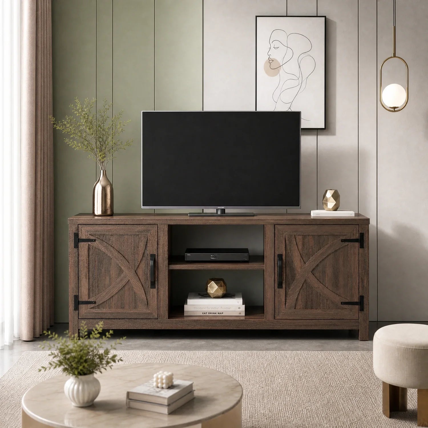 147cm/58" Brown TV Stand with Closed Storage, Storage Cabinet with Adjustable Shelves, Fits Up to 65" TVs