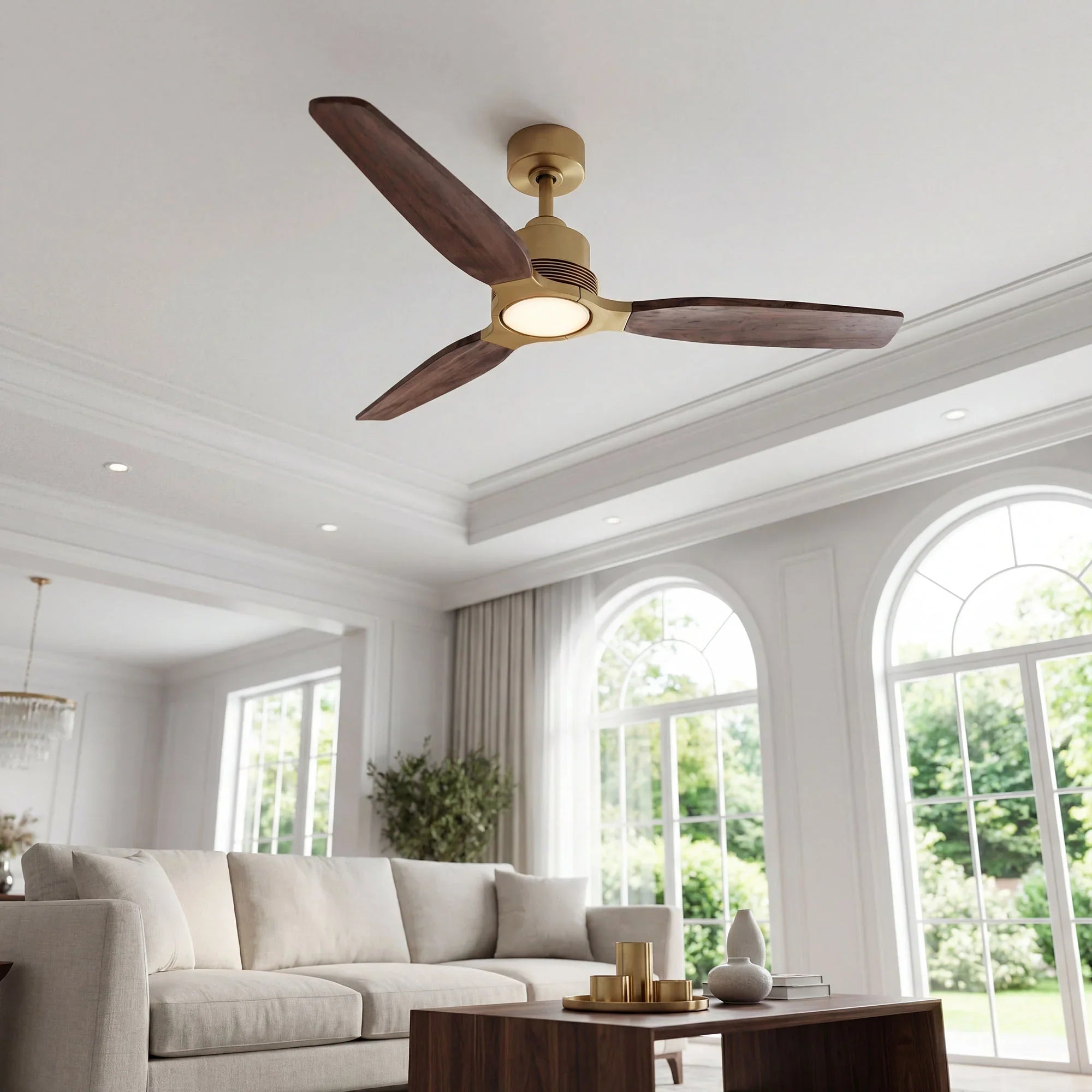 Louise Soft Brass Ceiling Fan Ø142 cm with LED Light and 100% Solid Wood Blades