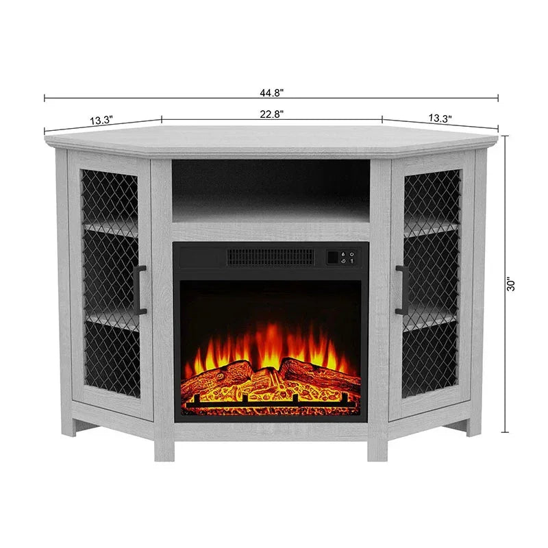 114cm/45" Corner TV Stand with Electric Fire Console Table with 2 Metal Mesh Doors